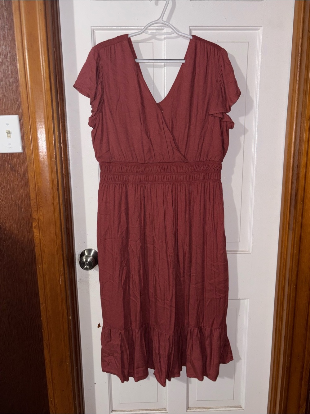 Maurices Rust Red V-Neck Smocked Waist Midi Dress with Ruffle Hem